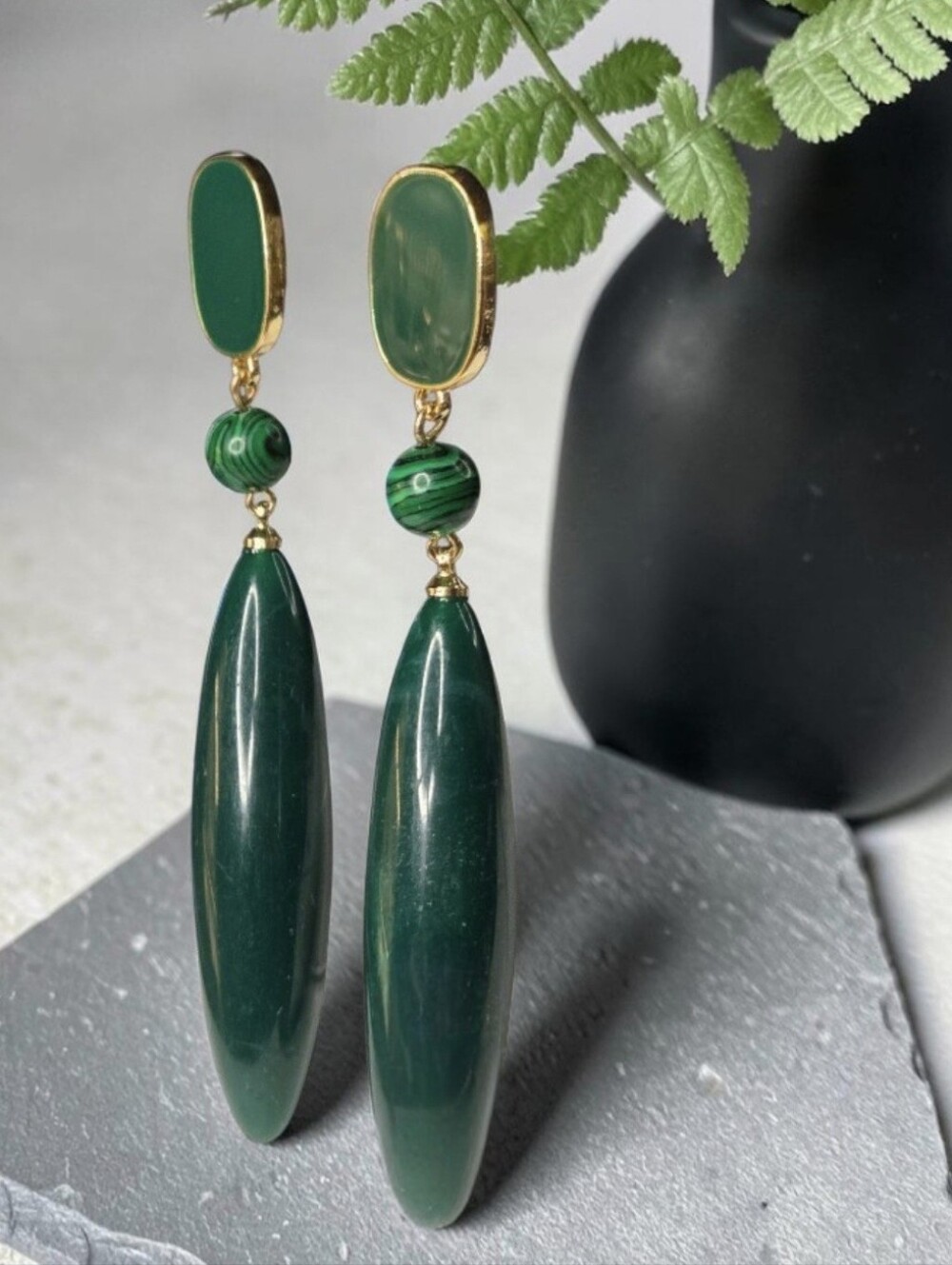 Gold Plated Oversized Long Malachite & Lucite Drop Dangle Earrings - Picture 3 of 5